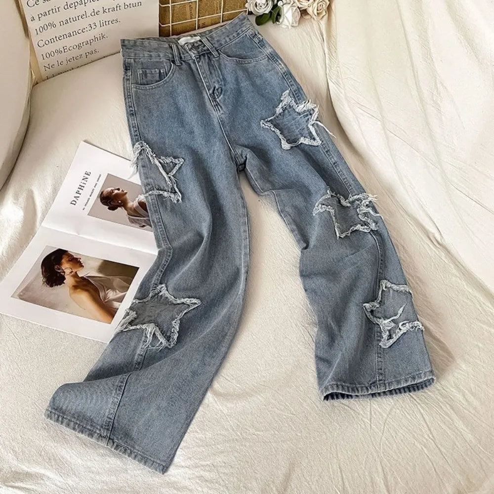 Denim con Estrella Cintura Alta Pierna Recta Holgados