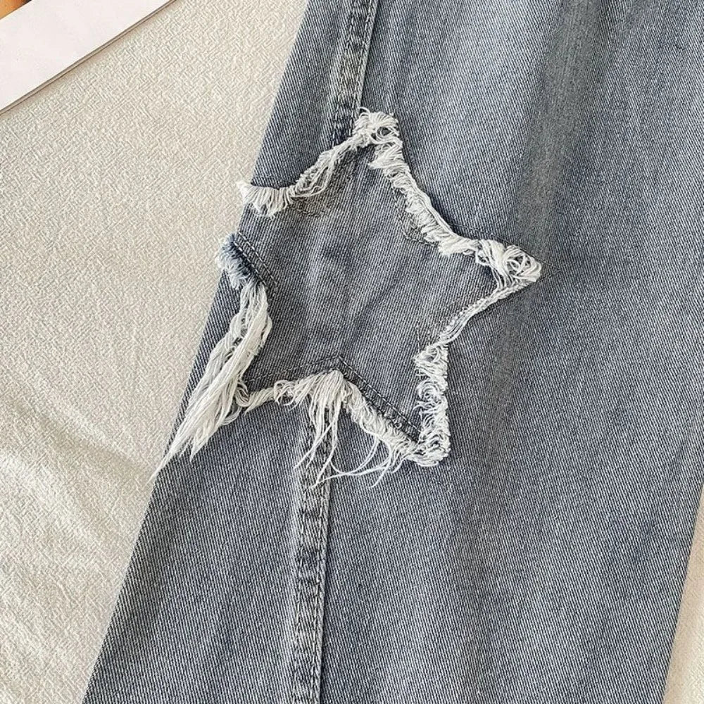 Denim con Estrella Cintura Alta Pierna Recta Holgados