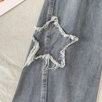Denim con Estrella Cintura Alta Pierna Recta Holgados