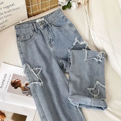 Denim con Estrella Cintura Alta Pierna Recta Holgados