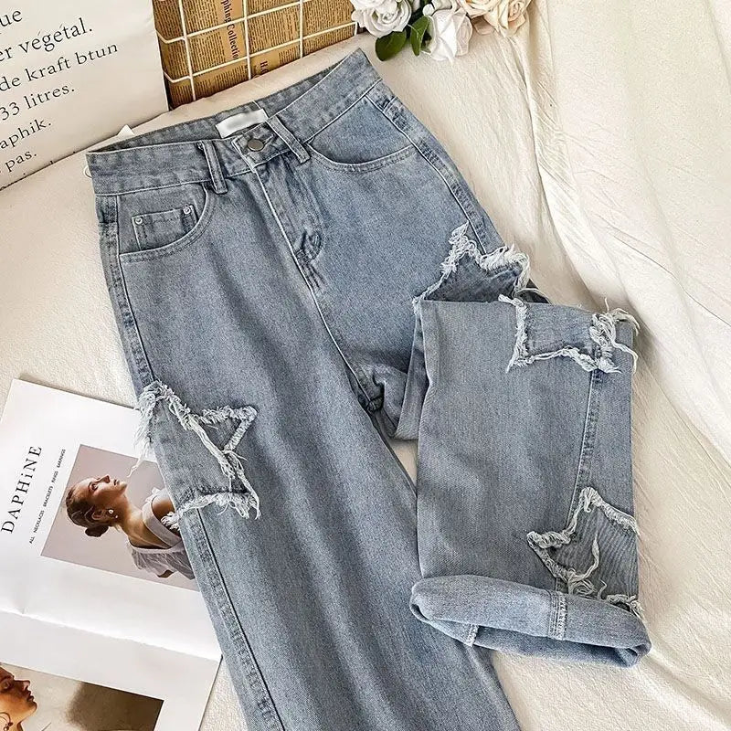 Denim con Estrella Cintura Alta Pierna Recta Holgados