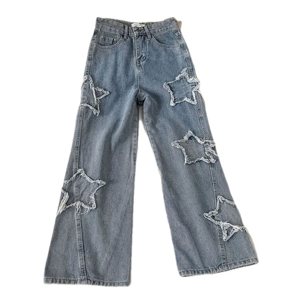 Denim con Estrella Cintura Alta Pierna Recta Holgados