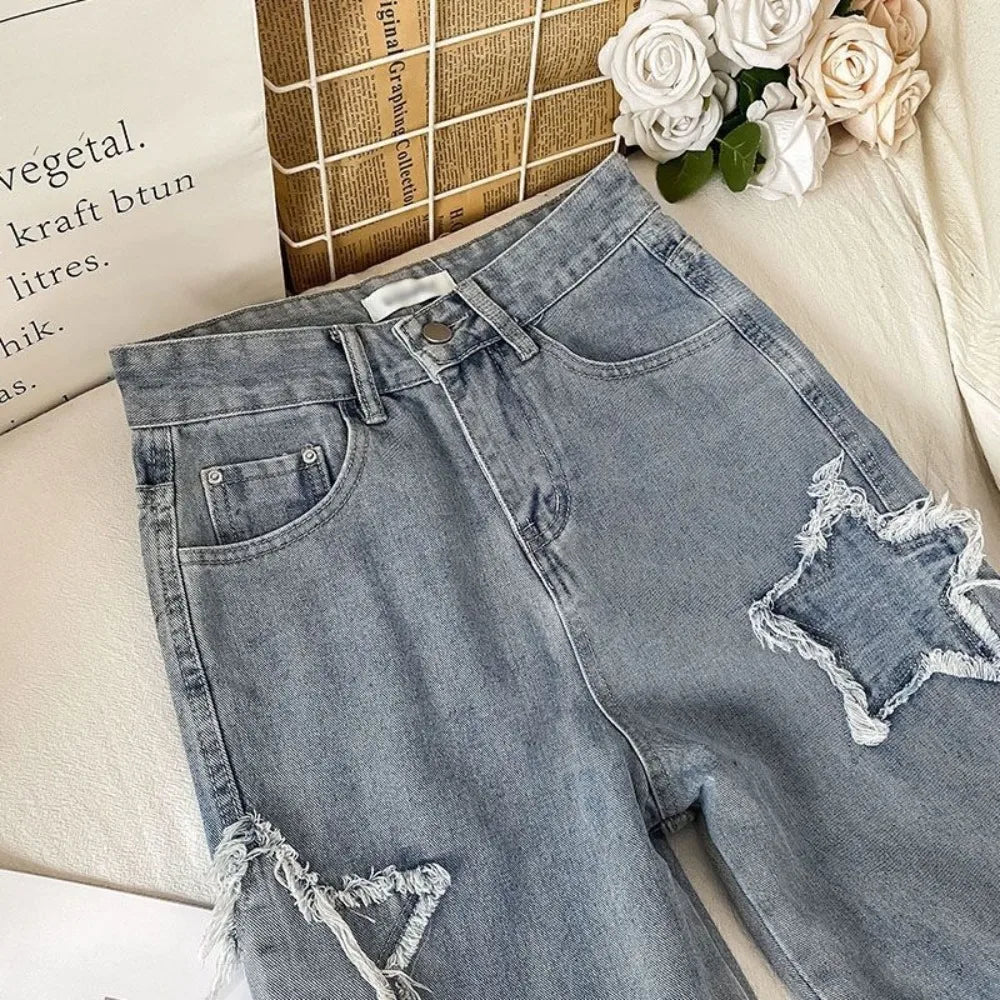 Denim con Estrella Cintura Alta Pierna Recta Holgados