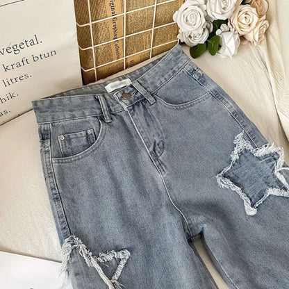 Denim con Estrella Cintura Alta Pierna Recta Holgados
